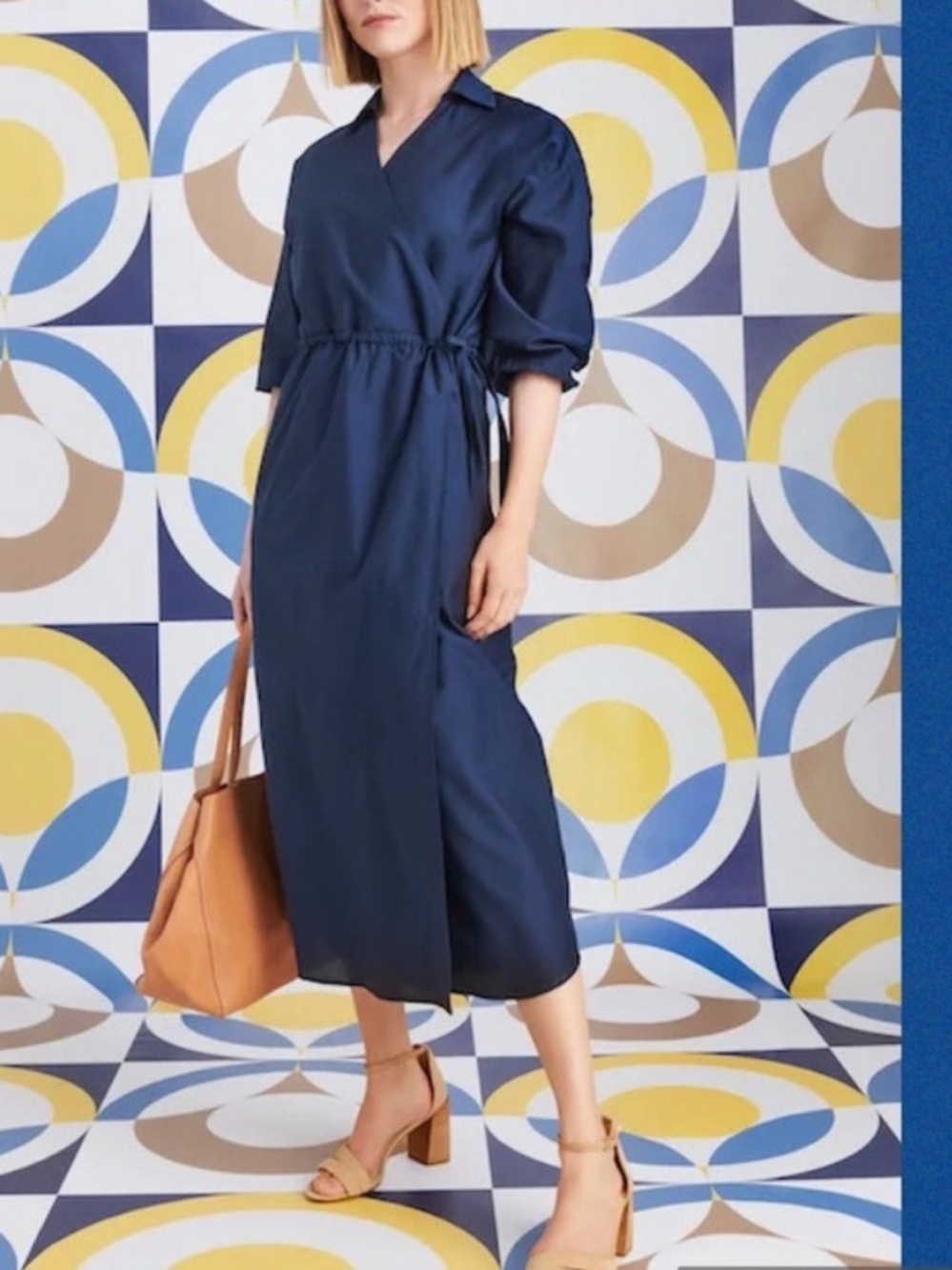 J. McLaughlin Navy Blue Elayne Faux  Wrap Midi Silk/Cotton Blend Dress Size XS